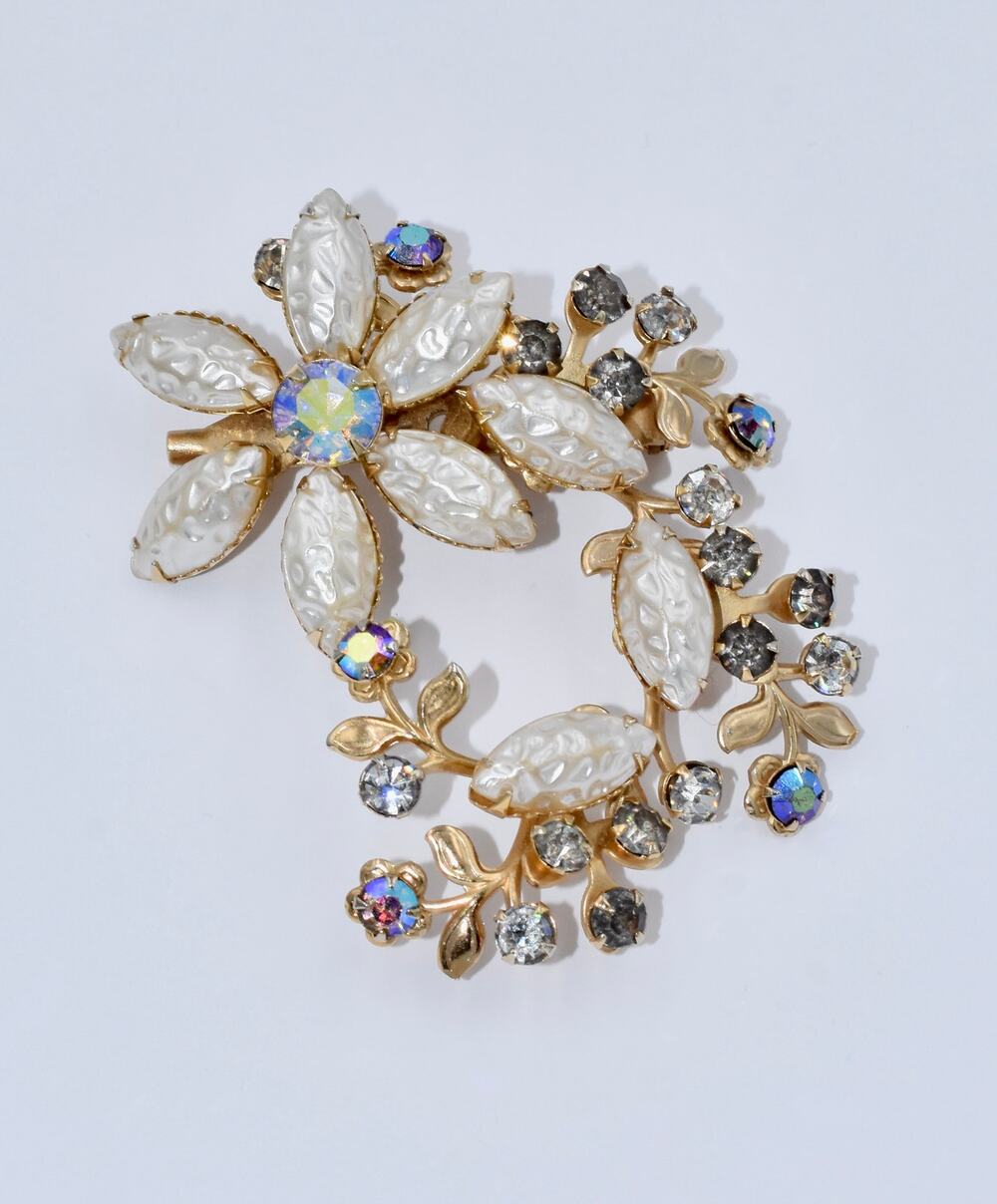 Vintage BEAU Jewels Baroque Pearl AB Rhinestones Floral Wreath Brooch